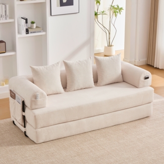 Flieks 2-Sitzer Sofa, Schlafsofa Zusammenlegbares Kompressionssofa mit robustem Metallrahmen, Seitentaschen plus 3 Kissen, Beige