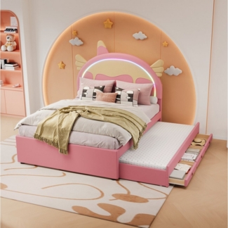 TavilaEcon Kinderbett Cartoon Einhornform Kinderbett Familienbett Jugendbett, PU, ausgestattet mit ausziehbares Rollbett, 140x200cm/90x190cm