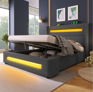 TavilaEcon Boxspringbett Modernes LED-Bett mit Ladestation und USB/Type-C-Anschlüsse, hydraulischer Stauraum, leinenimitat-Optik, Grau/Beige