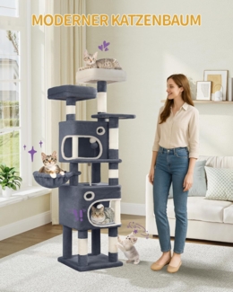 Kratzbaum, 159 cm Katzenbaum mit 8 Kratzs?ulen, 3 Plattformen, 2 H?hlen, Korb, Plschb?lle, Sisalseil, Geeignet fr Katzen Verschiedener Gr??en, Dunkelgrau