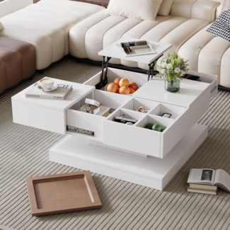 Couchtisch, Anhebbarer Multifunktionstisch Sofatisch mit 4 Fächern Wohnzimmertisch Beistelltisch Kaffeetisch mit Tablett Geometrischer Tisch, Holz, weiß+Holzfarbe, 75.5 x 75.5 x 38 cm