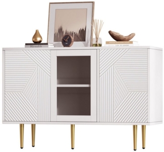 Refined Living Sideboard Kommode mit 3 Türen, mit Metalfüßen, Glastüren,Aufbewahrungsschrank (Maße: 120 x 38 x 79.5 cm,Grifflose Kommode, Anrichte Glas & Metall, Schrank mit Metallfüßen, mit Glastüren, Flurkommode, Vitrine mit Türen, Wohnzimmer Kommode...