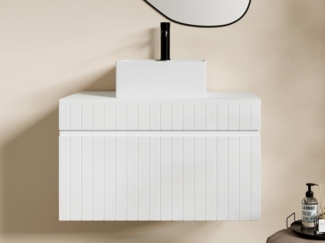 Vente-unique - Waschbeckenunterschrank hängend mit quadratischem Aufsatzwaschbecken - Streifenoptik - Weiß - 80 cm - SATARA