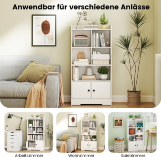 Bücherregal mit 2 Türen & 5 Fächern Bücherschrank Weiß aus Holz 60 x 29,5 x 120 cm