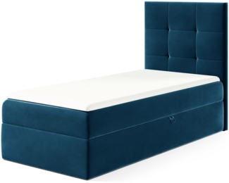MEBLINI Kinderbett mit Bettkasten MINO 2 80x200 Rechts – H3/Blau Samt Gepolstert Einzelbett mit Matratze - Polsterbett mit Stauraum - Bett mit Kopfteil – Stauraumbett