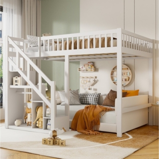 PXloue Hochbett Hochbett Stauraumbett Kinderbett Holzbett Mit Treppe, Absturzsicherung, Erholungsgebiet, 90x200 cm