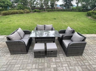 Fimous 8 Sitzer Dunkelgrau Polyrattan Gartenmöbel-Set Liegestuhl 2 Sitzer Liebe Sofa Set Outdoor Rechteckiger Esstisch 2 Hockern