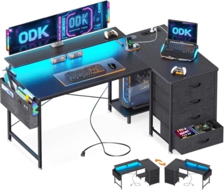 ODK Eckschreibtisch 140x80 cm L-Form Schreibtisch Gaming LED Schwarz