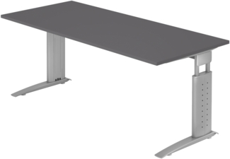 bümö höhenverstellbarer Schreibtisch U-Serie 180x80 graphit, Gestell in Silber - großer PC Tisch für's Büro manuell höhenverstellbar, Computertisch verstellbar, US-19-G-S