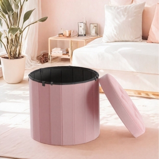 SONGMICS MAZIE Kollektion – Sitzhocker rund, Fußhocker mit Stauraum, faltbarer Hocker mit abnehmbarem Deckel, einfache Montage, Samt, Wohnheim, Schlafzimmer, Wohnzimmer, pastellrosa
