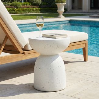 Merax Gartenbeistelltisch, Beistelltisch für den Außenbereich, aus Magnesiumoxid, leicht und praktisch, mit modernem Stil, Terrazzo Weiß