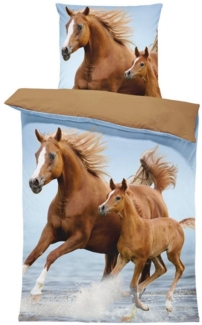 One Home Bettwäsche Pferde, Mikrofaser, 2 teilig, Pferd und Fohlen im Wasser, auch geeignet als Kinderbettwäsche