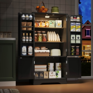 Merax Küchenschrank mit LED-Sensorlicht, großer 4-türiger Aufbewahrungsschrank mit verstellbaren Regalböden & Türablagen, schwarz