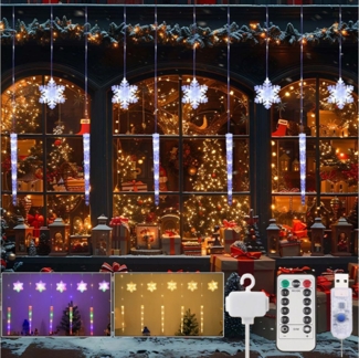 PRIISF LED-Lichtervorhang LED Lichterkette Eisregen Fenster Eiszapfe Weihnachten Lichtervorhang, LED Eiszapfen Vorhang Schneeflocken Xmas Beleuchtung Balkon Garten