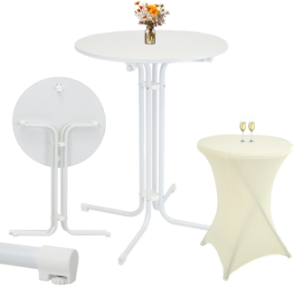 Set Stehtisch klappbar Ø 80 cm in Weiß & Husse Beige bügelfrei Gastrotisch Bistrotisch Partytisch