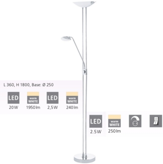 Eglo 93875 LED Standfluter Stehleuchte BAYA 20W; 2,5W; 2,5W Stahl chrom, Glas, Kunststoff weiss, satiniert 3000K L:36cm H:180cm dimmbar mit Drehpotentiometer