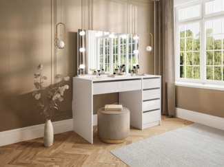 Vente-unique - Frisiertisch mit LED-Spiegel - 5 Schubladen - Weiß glänzend - JENEMI