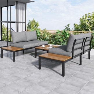HAUSS SPOLE Gartenlounge-Set mit 2 Sofa, 2 Beistelltisch, 1 Tisch, Kissen, Rahmen aus Stahl Grau, (aus Akazienholz mit Kissen), Gartenmöbel set wetterfest Lounge Set