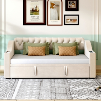 Ausziehbett 90/180×190 cm aus Samt mit Stauraum und USB- und Type-C-Anschlüssen