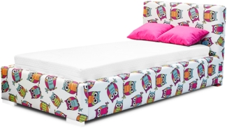 MEBLINI Kinderbett mit Bettkasten KANINCHEN 90x200 – Matratze H2/Eulenmuster Gepolstert Einzelbett mit Matratze - Polsterbett mit Stauraum - Bett mit Kopfteil – Stauraumbett