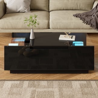 minimalistischer Couchtisch mit Stauraum, LED-Stimmungsbeleuchtung,105×50×35 cm, Schwarz,modernes Design, viel Stauraum