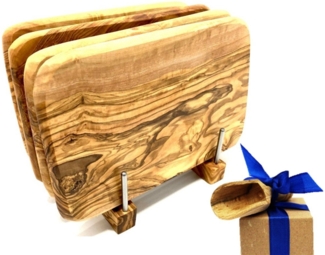Olivenholz-erleben Frühstücksbrett Bretterständer inkl. 4 Frühstücksbretter Olivenholz 22x14 cm, Massivholz, (Set, 5-St, 1x Bretterhalter, 4 Frühstücksbretter, plus Überraschung), platzsparende Aufbewahrung für bis zu 4 Brettchen an einem Ort
