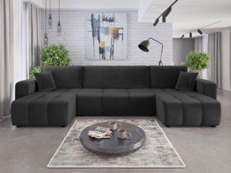 Wohnlandschaft mit Schlaffunktion DAGNY Sofa U-Form in Stoff Kronos Dunkelgrau