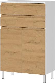 Kadima Design Stauraumkommode, Badschrank mit Schubladen, 60x34x97, in Weiß und Grandson-Eiche, Chromfüße, Grifflose, "Veer"-Serie