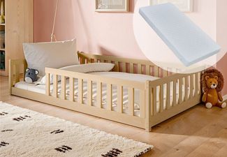 Kids Collective Kinderbett Bodenbett Bett mit Rausfallschutz & Lattenrost Montessori Bett Kinder (Jungen, Mädchen, Kinder, weitere Größen 80x160, 90x200, 140x200 cm), Gitterbett Jugendbett natur mit Matratze Junge Mädchen 120x200cm