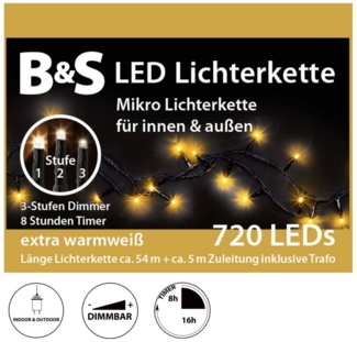 B&S LED-Lichterkette LED Lichterkette für Innen und Außen warm white mit Timer und Dimmer