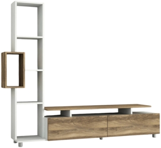 Dmora Wohnzimmermöbel Biskek, Modulares Wohnzimmerset, Mehrzweck-Wohnzimmermöbel, Moderner TV-Schrank, 160x30 h167 cm, Weiß und Walnuss