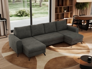 U-förmige Ecksofa, XXL Universalecke mit losen Kissen zum Wohnzimmer, Bettkästen und Schlaffunktion, schwarze Metallbeine - AXEL U - Dunkelgrau Velours