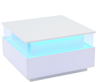 Couchtisch, mit LED-Beleuchtung, 2 Schubladen & transparentem Display, 70x70x41 cm, Weiß