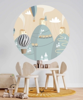 WANDKIND Wandtattoo Haus auf dem Berg Kinderzimmer RUND V394, Heißluftballon, wieder ablösbar