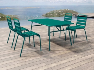 Vente-unique - Garten-Essgruppe: Tisch L. 160 cm + 4 stapelbare Stühle - Metall - Blau - MIRMANDE von MYLIA