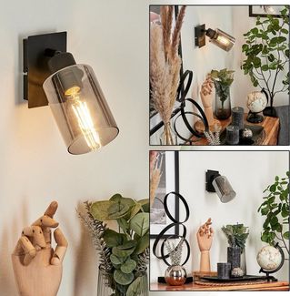 hofstein Wandleuchte »Bovo« moderne Wandlampe aus Metall/Glas in Schwarz/Rauchfarben, ohne Leuchtmittel, Vintage Leuchte mit Schirmen aus Rauchglas (9cm), 1xE27