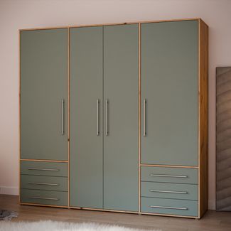 Forte MOKKARIS Kleiderschrank 200 210, 4-türig, 6 Schubladen, Einglegeböden, Kleiderstange, Holzwerkstoff, Salbei/Artisan Eiche Holzdekor, 205,9 cm breit x 200 cm hoch x 53 cm tief