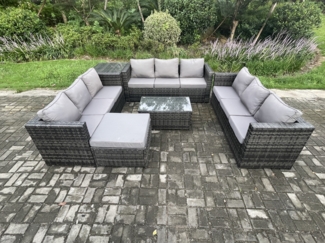 Fimous 10-Sitzer Lounge Sofa Set Wicker PE Rattan Gartenmöbel Set mit Länglichem Couchtisch Beistelltisch Großer Fußhocker Dunkelgrau Gemischt