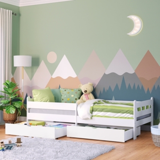 Bellabino 'Kuru' Kinderbett 90x200 cm mit 2 Schubladen, weiß, Jugendbett mit Rausfallschutz und Lattenrost