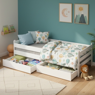 Bellabino 'Kuru' Kinderbett 90x200 cm mit 2 Schubladen, weiß, Jugendbett mit Rausfallschutz und Lattenrost