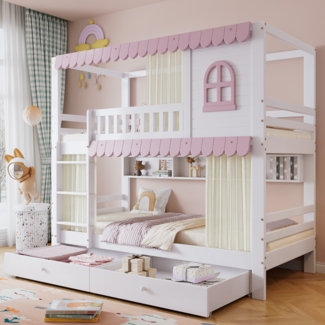 Merax Etagenbett 90x200cm mit 2 Schubladen, Kinderbett Hausbett mit Regal, Hochbett mit Lattenrost und Leiter, Stockbett Holzbett, Weiß+Rosa