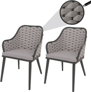 2er-Set Aluminium-Gartenstuhl HWC-O16, Outdoor Stuhl, Olefin (200 g/m²) Seilgeflecht Rope ~ hellgrau Kissen hellgrau