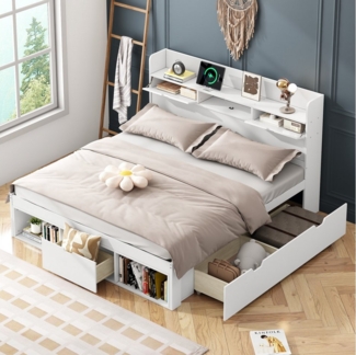 STILVORA Bettgestell 160×200 Jugendbett mit USB-port & Stauraum,Funktionsbett ohne Matratze (2 Schubladen,2 Stauschrank), mit USB-port, Schubladen und Stauschrank, ohne Matratze