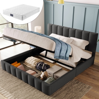 Polsterbett 140x200 cm mit verstellbarem Kopfteil, Leinenbett, Lattenrost mit Mittelstrebe, Doppelbett Grau,inklusive Matratze