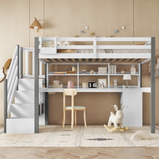 Merax Hochbett 90x200cm , Mit Stoff-Aufbewahrungsbox, Reichlich Stauraum, Mit seitlicher Leiter, Offenes Regal, Jugendbett mit Schreibtisch und Schließfächern, Kiefer+MDF, Weiß+Grau
