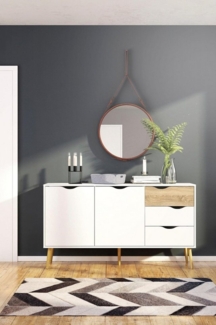Sideboard mit zwei Türen und drei Schubladen, Weiß und Eiche, Maße 147 x 81 x 39 cm