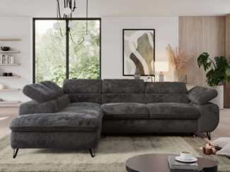 Ecksofa, L-form mit Schlaffunktion, verstellbaren Kopfstützen, Bettkasten - PEDRO - Dunkelgrau Plüsch - links