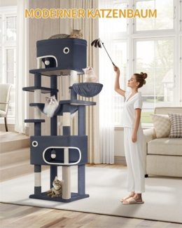 Kratzbaum, 203 cm Katzenbaum mit gro?er Plattform, 2 H?hlen, 7 Kratzs?ulen, Pompons, Liegemulden, H?ngematte, Geeignet fr alle Katzenrassen, Dunkelgrau