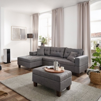 HOME DELUXE 'ROM' Sofa, mit Récamiere, Grau, Webstoff, 90,8 x 242,6 x 154,3 cm