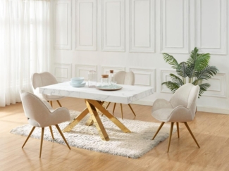 Vente-unique - Esstisch ausziehbar - 6 bis 10 Personen - MDF & Metall - Marmor-Optik Weiß & Goldfarben - CATONAV